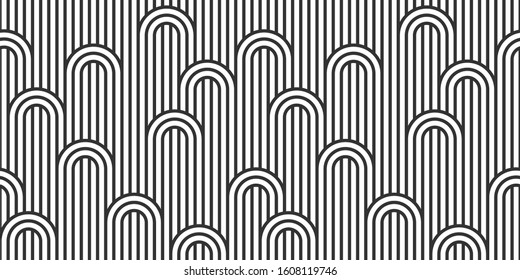 Seamless pattern with twisted lines, vector linear tiling background, stripy weaving, optical maze, twisted stripes. Black and white design.