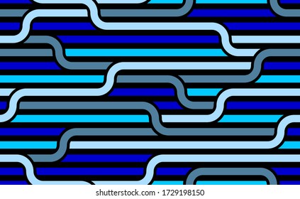 Seamless pattern with twisted lines, vector linear tiling background, stripy weaving, optical maze, twisted stripes. Blue color design.