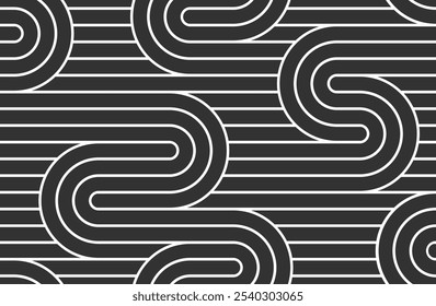 Seamless pattern with twisted lines, vector linear tiling background, stripy weaving, optical maze, twisted stripes. Black and white design.