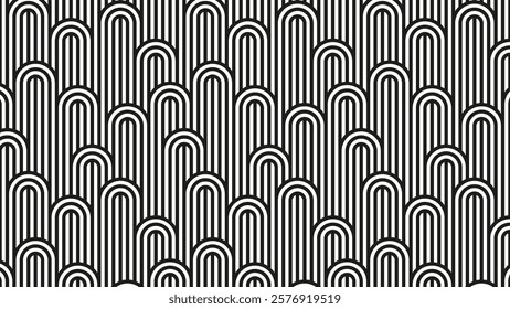 Seamless pattern with twisted lines, vector linear tiling background, stripy weaving, optical maze, twisted stripes. Black and white design.