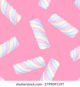 Seamless pattern with twisted marshmallow candies on pink background. Sweet food vector cartoon flat illustration. 