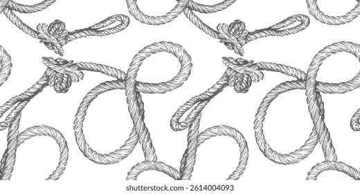 Seamless pattern of twisted rigging rope sketches, hand drawn vector background, paper, wallpaper, fabric