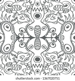 Seamless pattern with two axes of symmetry depicting monsters, aliens and weird creatures in scary mood. They form a repetitive weird design in a decorative style with flat colors