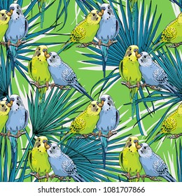 Seamless pattern. Two Beautiful little green and blue Wavy Parrots kiss on a Tropical leaves. Vector illustration.