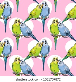 Seamless pattern. Two Beautiful little green and blue Wavy Parrots kiss on a pink background. Vector illustration.
