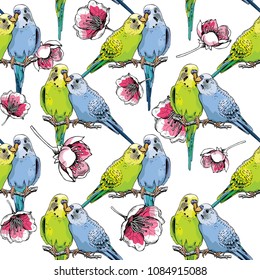 Seamless pattern. Two Beautiful little green and blue Wavy Parrots kiss on a pink floral background. Vector illustration.