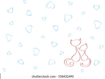 Seamless pattern with two cats and hearts. Simple vector drawing of cats from lines on a white background.