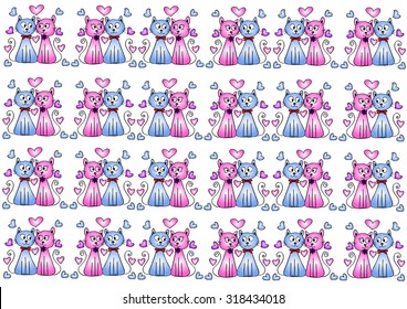 seamless pattern with two cats in love