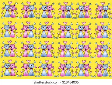 seamless pattern with two cats in love