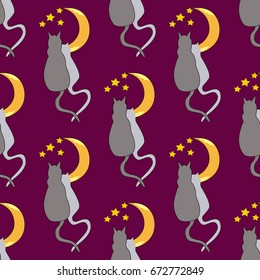  Seamless pattern of two cats, moon and stars on a claret background.