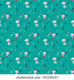 Seamless pattern. Two cats on a green background. Valentine's Day. Vector illustration.