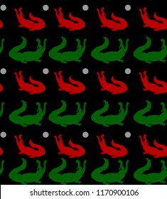 Seamless pattern, two crocodiles (red and green) with open mouth looking up, on black background, vector