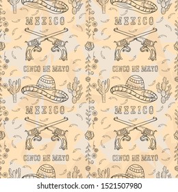 seamless pattern two crossed revolvers and sombrero hat