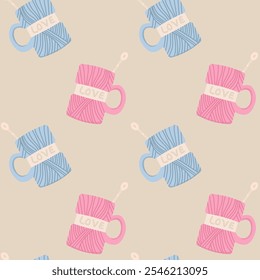 Seamless pattern of two cups in the form of skeins of thread, with the inscription love, Knitting needles, tea, Valentine's Day, for packaging design, fabric, Vector