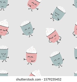 Seamless pattern of two cups in love with desserts in cartoon doodle style in pink and blue colors. Simple seamless pattern for background, wrapping paper, dishes, design for St.Valentine day
