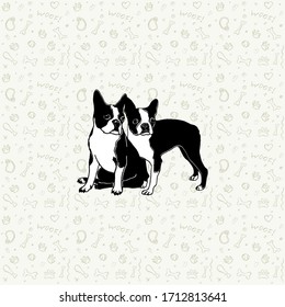 Seamless pattern. Two cute black white french bulldogs, boston terriers sitting, standing on ornament set. Bone, ball, heart, meat, chicken collection background. Childish sketch doddle apparel design