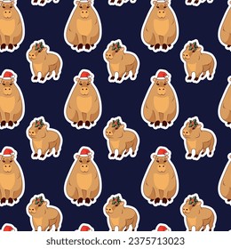 Seamless pattern of two cute capybaras of mother and child in a Santa Claus hat and with a bouquet of mistletoe on their head on a dark blue background