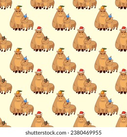 Seamless pattern of two cute capybaras mother and child in a Santa Claus hat and a Christmas ball on their head on a light background