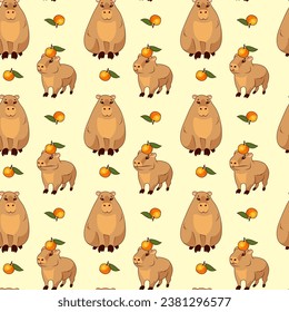 Seamless pattern of two cute capybaras of mother and child in a hat with juicy fragrant oranges on a pastel background, wallpaper or postcard