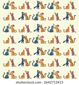 Seamless pattern of two cute cat playing together. Cat gift wrapping paper