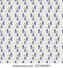 Seamless pattern with two cute Halloween characters ghosts with candies and spiders. Color vector flat illustration.