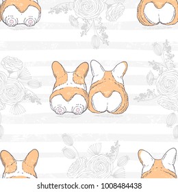 Seamless pattern with two cute hand drawn dogs breed welsh corgi pembroke. Romantic floral background. Vector illustration