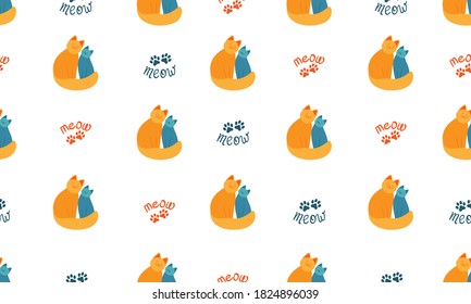 Patrón sin foco de los dos gatos lindos y amorosos. Ilustración vectorial. Imágenes prediseñadas para tarjetas web, afiches, portadas, decoración, para textiles, papel pintado, envoltura de regalo y recortes.  