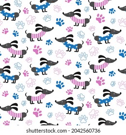 Seamless pattern with two dachshunds. Vector illustration. For packaging, illustrations, covers, fabrics and prints, baby products, shops.