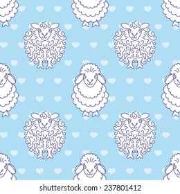seamless pattern two different sheep on blue background with snowflake