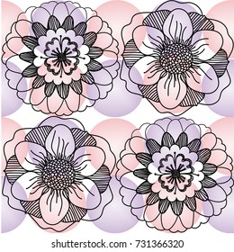Seamless pattern of two different style flowers, mandala or doodle style on pastel blue and pink color circle background, vector and illustration