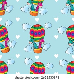  Seamless pattern with two giraffe in hot air balloons, cloud and hearts. Vector illustration.