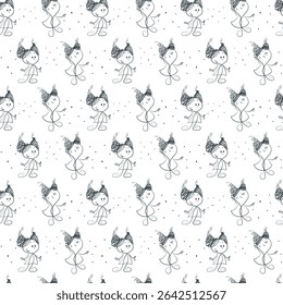 Seamless pattern with two girls. Sketch style. White background with circles. Monochrome