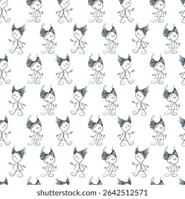Seamless pattern with two girls. Sketch style. White background. Monochrome