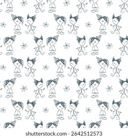Seamless pattern with two girls. Sketch style. White background with daisies. Monochrome