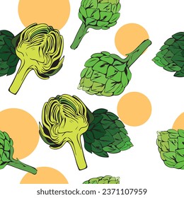 Seamless pattern of two green artichokes, raw edible flower buds cut lengthwise, organic vegetable products for healthy eating. vector doodle illustration