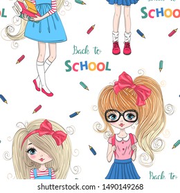 Seamless pattern with two hand drawn beautiful cute schoolgirls with backpacks and inscription Back to School. Vector illustration.