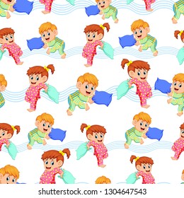 Seamless pattern with two happy children is fighting a pillows