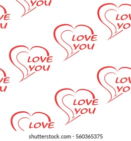 Seamless pattern two hearts and the words I love you. Red heart on a white background. Valentine's Day wallpaper. Hand drawing heart. Vector illustration. Love background.