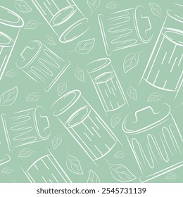seamless pattern of two icons of round street trash cans drawn in line art style on green background, to fight against environmental pollution day