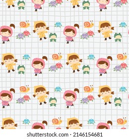 a seamless pattern of two kids playing in the rain together