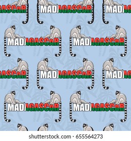 Seamless pattern of two lemurs and word Madagascar painted in color of national flag. Popular madagascar animal and light silhouette palm trees  on  blue background.