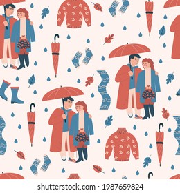 Seamless pattern with two lovers under umbrella. Sweet modern couple, rainy weather. Autumn cozy vetor illustration with season clothes like a sweater, rubber boots, scarf and knit socks.