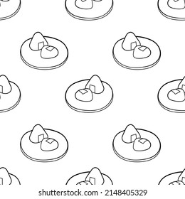 Seamless pattern with two onigiri on a plate hand drawn doodle outline vector
