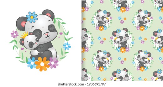 The seamless pattern of the two panda hugging each other in the ring flowers of illustration