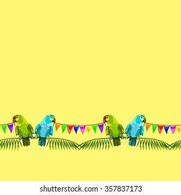 seamless pattern of two parrots with varicolored flags on yellow background