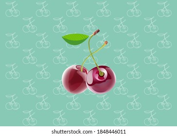 Seamless pattern of two red cherries intertwined with each other, on a blue background, with cherries in a white contour version.