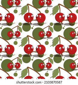 seamless pattern of two red ripe cherries on one branch hold hands