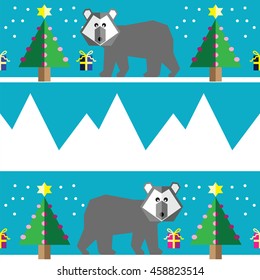 Seamless pattern with two shades polar bears, snow, geometrical Christmas trees with lights and baubles Christmas gifts in two shades, and mountains on light blue background 
