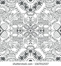 Seamless pattern with two symmetrical axes depicting monsters, aliens and weird creatures in scary mood.  They form a repetitive design in  a decorative style with flat colors