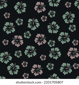 Seamless pattern of two toned shoes, black plant flowers on a dark background, for background, printing, fabric, fashion